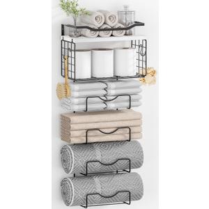 Towel Racks for Bathroom,Towel Rack Wall Mounted, 6 Tier Rolled Or Folded Towel Holder with Floating Shelves, Bathroom Towel Holder for Bath, Hand Towels,Metal,White Wood Panel (J-type Black Rack)