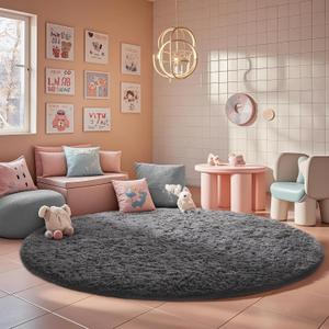 Ophanie Round Rugs 7Ft Grey Circle Area Rug, Fluffy Fuzzy Bedroom Carpet, Plush Soft Shaggy Indoor Floor Gray Living Room Rugs for Kids Home Decor Aesthetic, Nursery