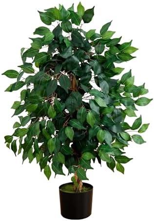 Nearly Natural 3ft Triple Trunk Artificial Ficus Tree with Natural Wood Trunks, Fake Tree for Indoor Home Decor, Faux Ficus Tree with Black Nursery Pot