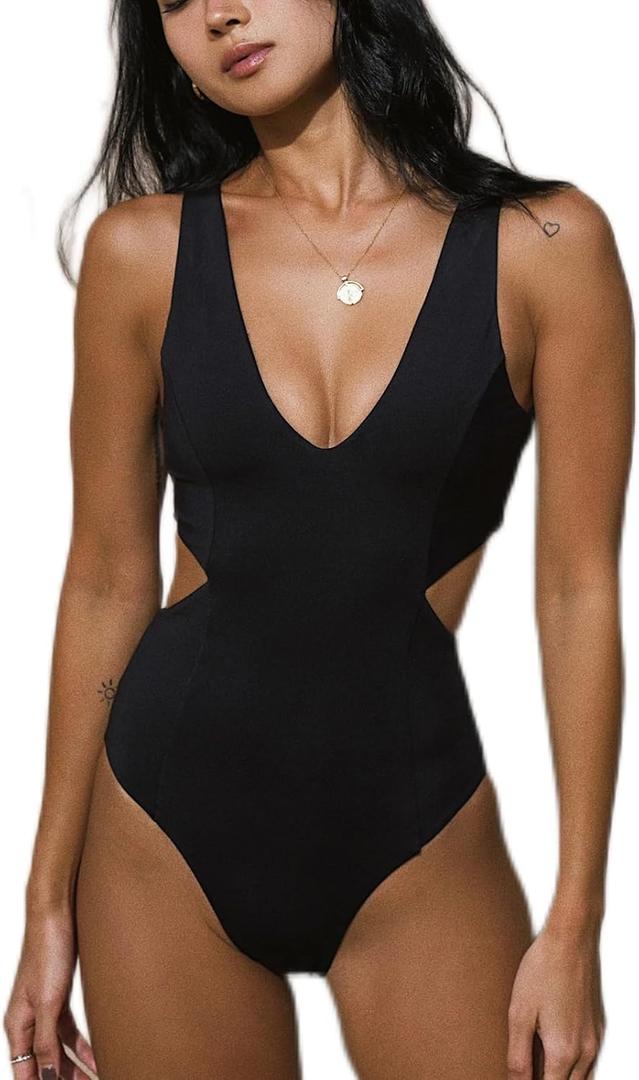 Women One Piece Swimsuit Cut Out Monokini Swimwear (Large, Black)