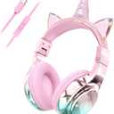 QearFun Kids Unicorn Headphones with USB C for Girls with Microphone, 85/94dB Safe Volume Limiter, Tangle-Free Cord, Share Port, Foldable Sparkly Wired Headset for School, Travel, Tablet, iPad