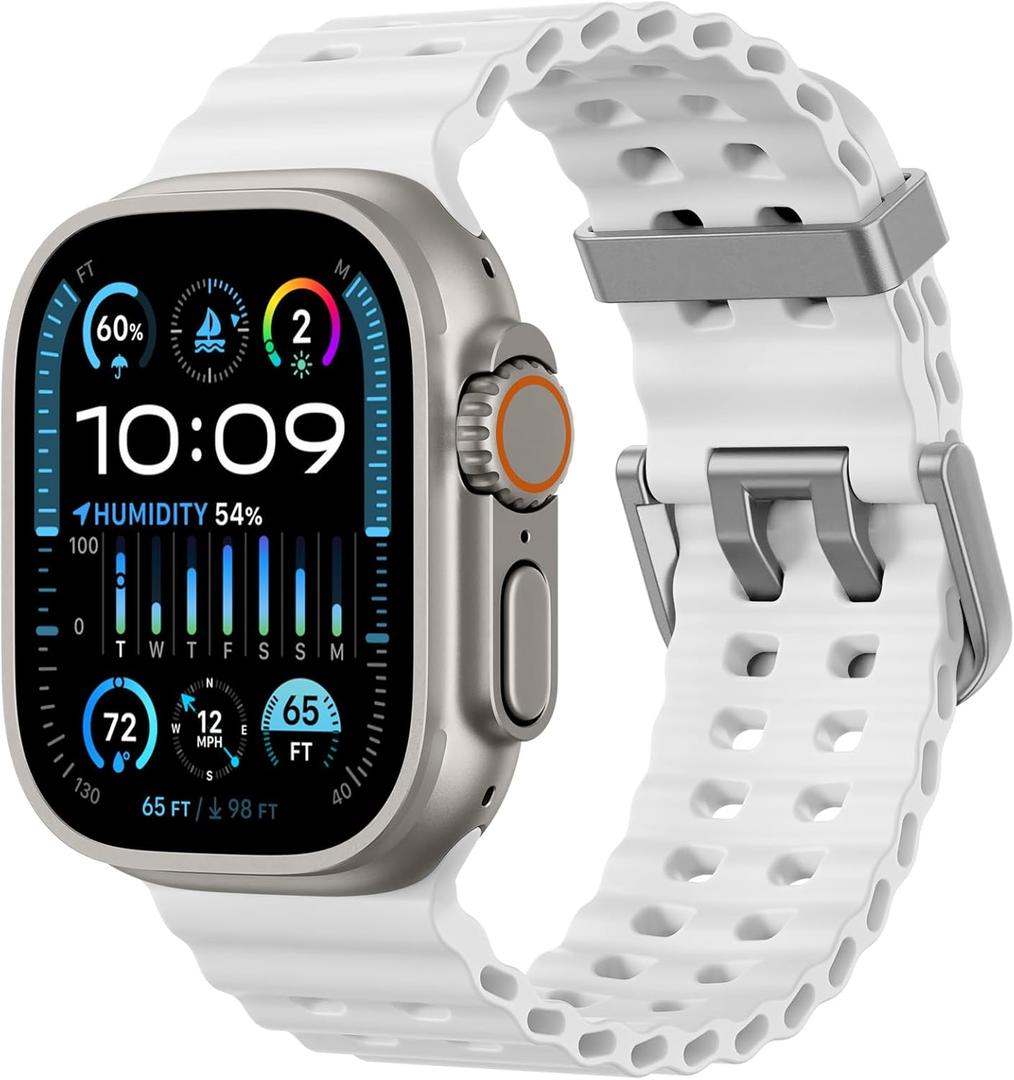 Odbeai Ocean Sport band Compatible with Apple Watch Ultra 2 3/Ultra Band for Men 49mm 46mm 45mm 44mm 42mm,Soft Silicone Outdoors Waterproof for iWatch Bands Ultra 2/Series 11 10 9 8 7-1 SE Men White