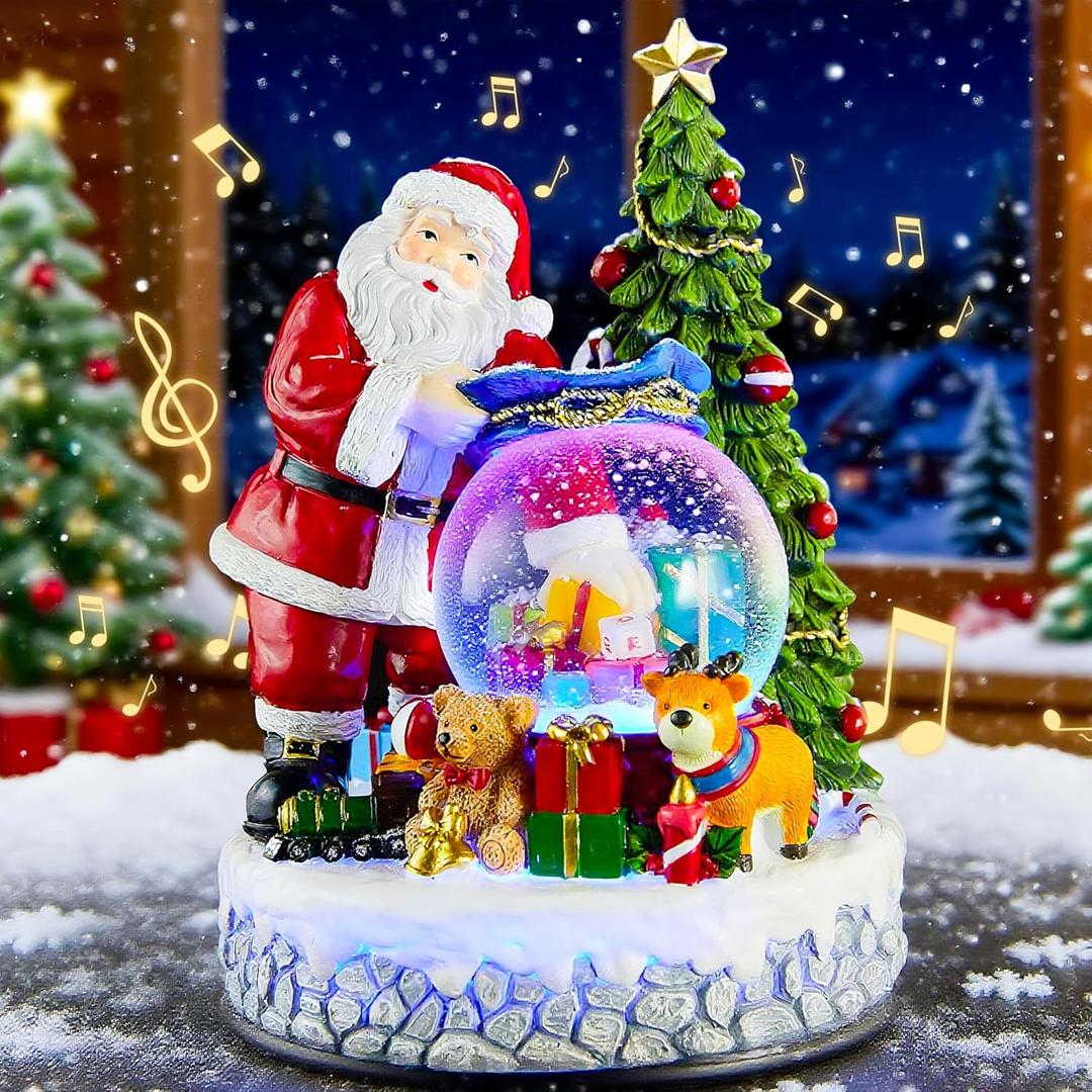 Musical Christmas Snow Globe Lantern with Colorful Lights & Snowfall - USB or Battery Operated - Indoor Holiday Decor for Christmas, Thanksgiving - Gift for Kids, Family, Colleagues (Red Santa Pulls Out Gifts)