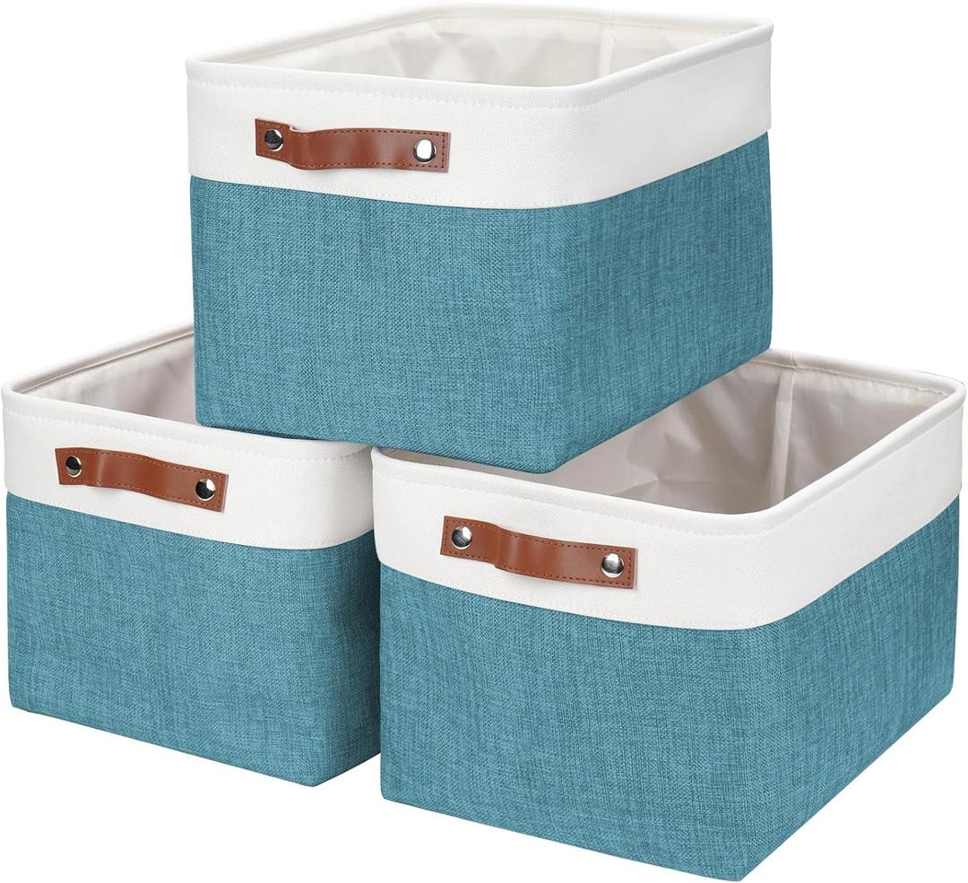 Bagnizer Storage Bins Large Fabric Storage Baskets for Shelves 3 Pack, Decorative Linen Closet Baskets with Handles for Organizing, Shelf, Clothes, Home, Office, 15x11x9.5Inches (Teal & White)