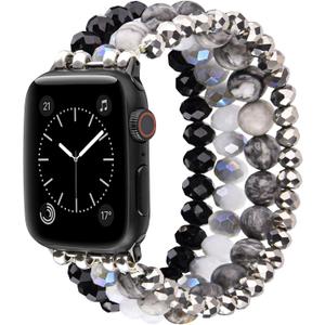 CAGOS Bracelet Beaded Compatible with Apple Watch Band Series 9/8/7/6/5/4/3/2/1 SE 38mm 40mm 41mm 42mm 44mm 45mm, Cute Handmade Fashion Elastic Stretchy iWatch Bands for Womens (Grey/Black, 38mm/40mm/41mm/42mm(Series 10))