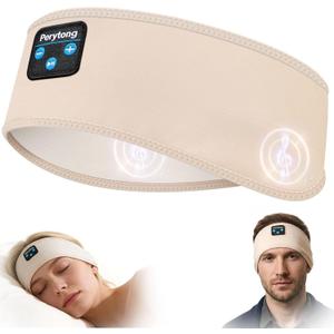 Sleep Headphones Bluetooth 5.4 Headband, Wireless Sleep Headphones with Ultra-Thin Stereo Speakers for Side Sleepers, Sports Headband Music Earphones Eye Mask for Nap Jogging Running Workout Air (Cream&White)