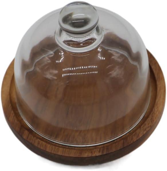Leadigol Mini Wooden Dessert Dish Cake Stand With Glass Dome, Mini Dessert Tray Round Wood Serving Tray Dessert Plates Display Stand with Lids