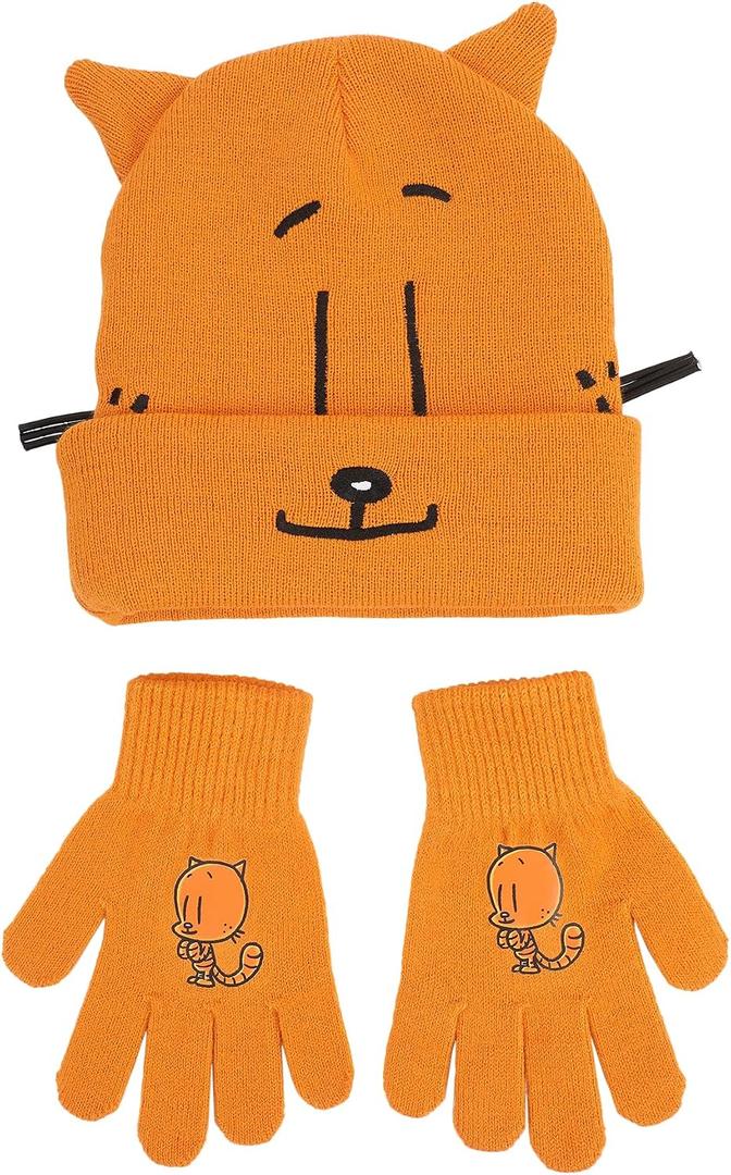 Dog Man Petey the Cat Youth Cuffed Beanie & Knit Gloves Cold Weather Set with 3D Ears & Whiskers