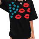 QLIPIN 4th of July Shirts USA Shirts Women American Flag T-Shirt Oversized Patriotic Stars Lips Graphic Tee (Medium, Blue)