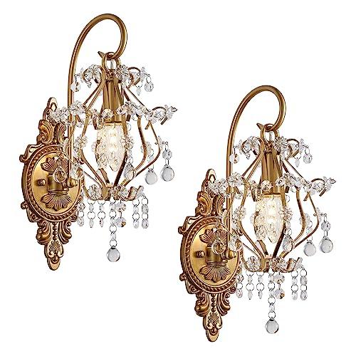 Fetason Gold Crystal Vintage Wall Sconces Set of 2 Indoor Hardwired Wall Light Fixture, Modern Wall Mount Lamp Light for Bedroom Living Room Bathroom Vanity Light Hallway Light Fixture Decor LED E12
