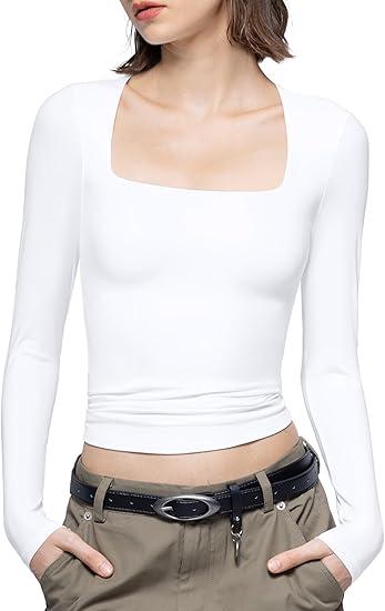 PUMIEY Women's Square Neck Long Sleeve T Shirts Slim Fit Tops Basic Tee Smoke Cloud Pro Collection S, White