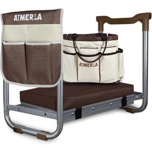 Aimerla K5 Foldable Kneeler Seat - Heavy Duty (Detachable Cloud Kneeler Pad) - Garden Stool - 2 Large Tool Bags - Portable Bench for Indoor & Outdoor, Brown