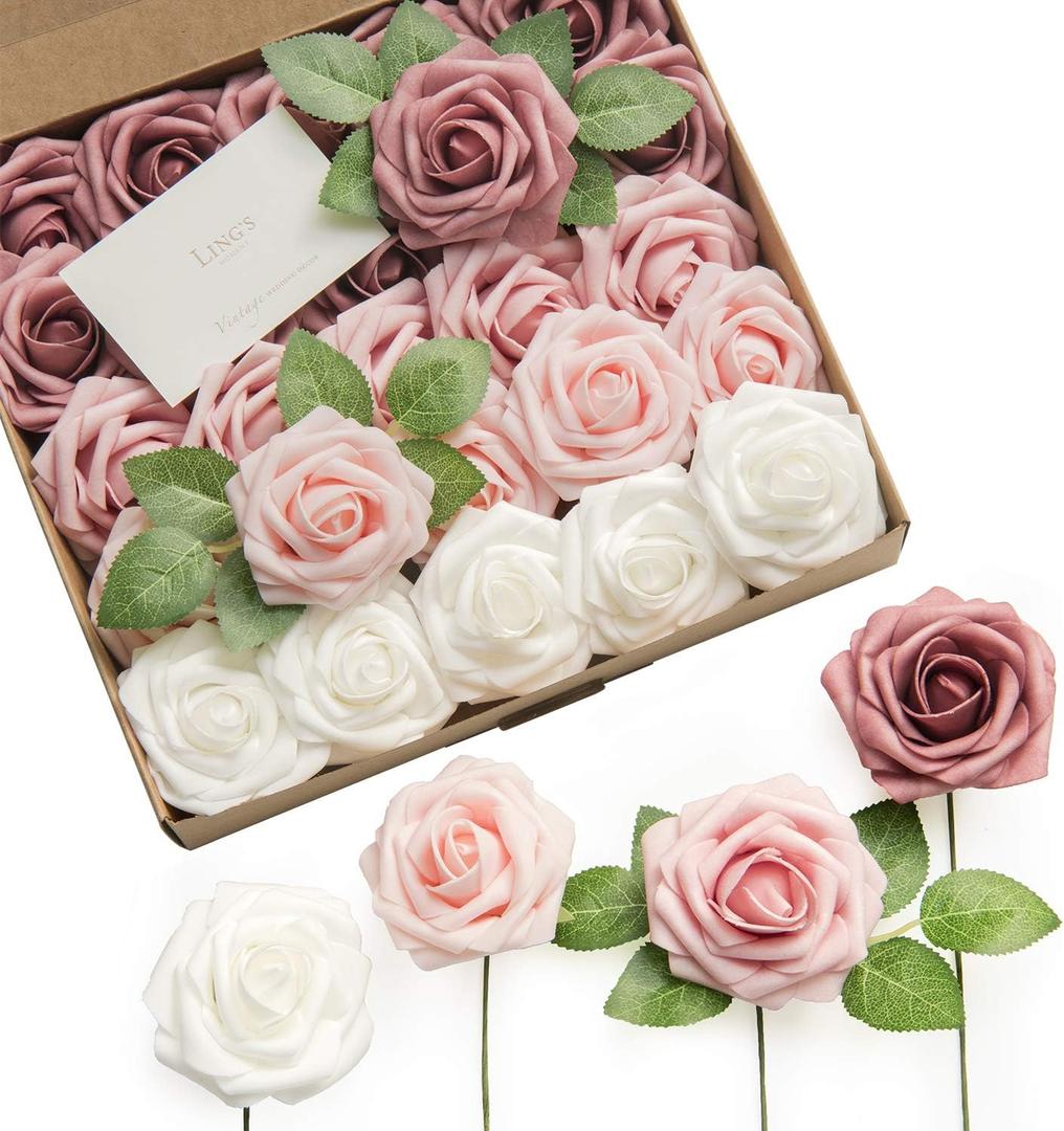 Ling's Moment Artificial Flowers, 50Pcs 3" Roses in Dusty Rose Shades, Realistic DIY Foam Floral Decor for Wedding Bouquets/Centerpieces, Outdoor Party Backdrops, Room/Table, Garden/Pot Decorations