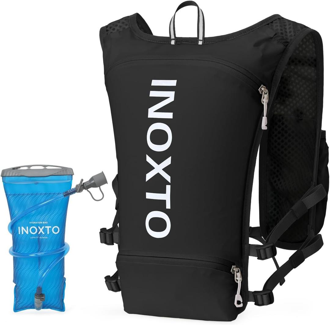 INOXTO Running Hydration Vest Backpack,Lightweight Pack with 1.6L Water Bladder Hydration Backpack Daypack for Hiking Trail Running Cycling Race Marathon for Women Men (Standaed, Black)