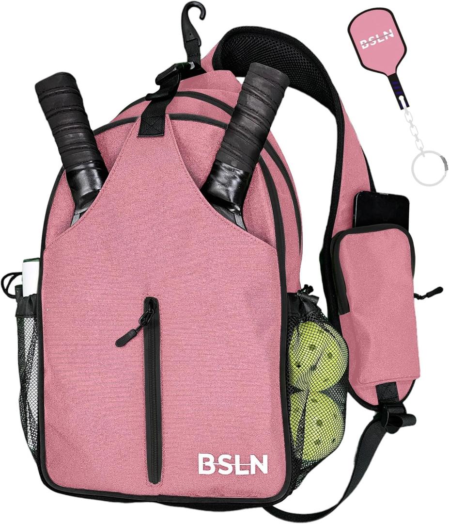 Pickleball Bag - Pickleball Bags for Women Men, Crossbody Sports Backpack  Adjustable Sling Bag with Hanging Fence Hook (Pink)