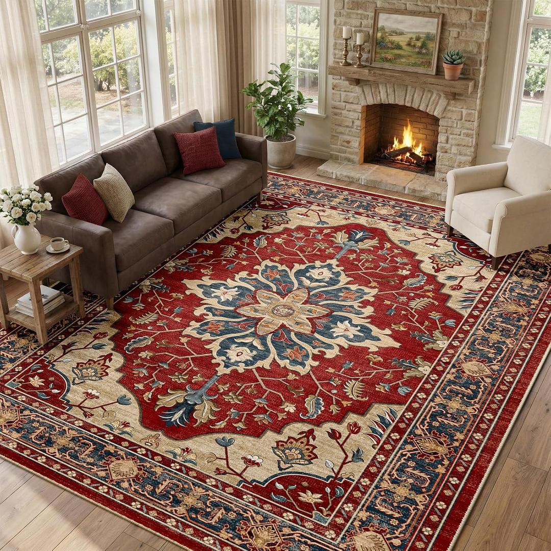 RELEANY Area Rugs 9'x12' Washable Non-Slip, Floral Vintage Distress Print Pattern Medallion Carpet for Living Room Bedroom Dining Room, Red Blue