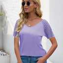 AISEW Womens Short Sleeve V Neck T-Shirt Striped Sheer Mesh Raglan Tees Loose Casual Tops (1199Purple, Small) (Purple, S)
