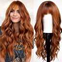 Orange Wigs with Bangs,Ginger Long Wavy Wig for Women,Long Curly Synthetic Hair Wig for Party Daily Use 24IN