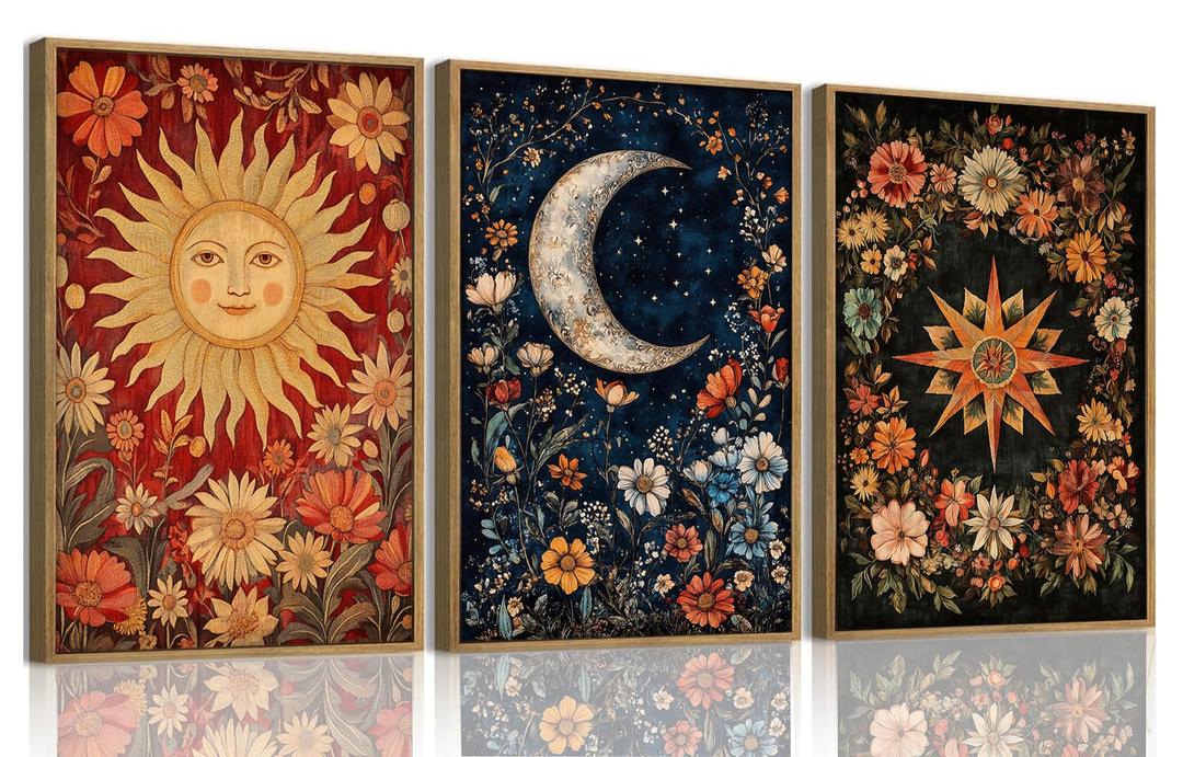 ZZTCYSU Celestial Canvas Wall Art Sun Moon Star Framed Wall Art Vintage Floral Prints Gothic Mystical Artwork Astrology Boho Decor For Living Room Bedroom Bathroom 16"x24"