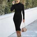 MEROKEETY Women's Long Sleeve Sweater Dress 2025 High Neck Slim Fit Ribbed Knit Midi Winter Dresses Medium