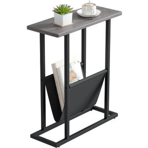 Yusong Small Narrow Side Table for Small Spaces, 17.7" W Slim End Table Magazine Table Nightstand with Storage Holder, Accent Skinny Snack Couch Bedside Table, Grey, Complete Iron Pipes