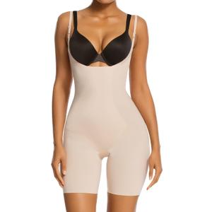 SHAPERX Women's Shapewear Bodysuit Smoothing Tummy Control Body Shaper with Adjustable Straps Comfortable Mid-Thigh Shorts (Beige, XL)