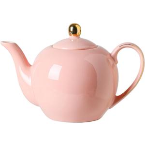 30oz Pink Porcelain Teapot, Blush Ceramic Teapot with Gold Trim, Romantic Teapot for Loose Leaf Tea, Tea Parties Gifts