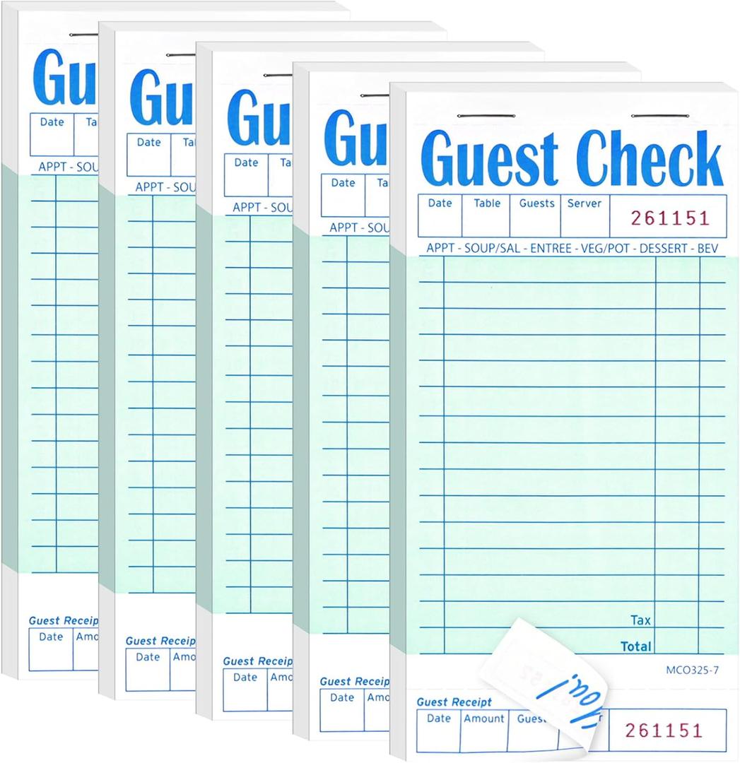 Darcvds 5 Pack Guest Check Books, Server Note Pads for Restaurant, Green Waiter Checkbook, Waitress Notepad, Food Receipt Book, Restaurant Order Pad 50 Sheets/Pack, 250 Total Tickets