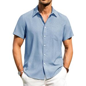 Alimens & Gentle Mens Linen Shirts Short Sleeve Button Down Shirts Wrinkle Free Casual Vacation Beach Summer Tops,Sky Blue,M