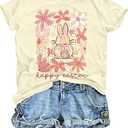 Happy Easter Shirts for Women Floral Rabbit Bunny Shirt Easter Short Sleeve Tee Tops Apricot L