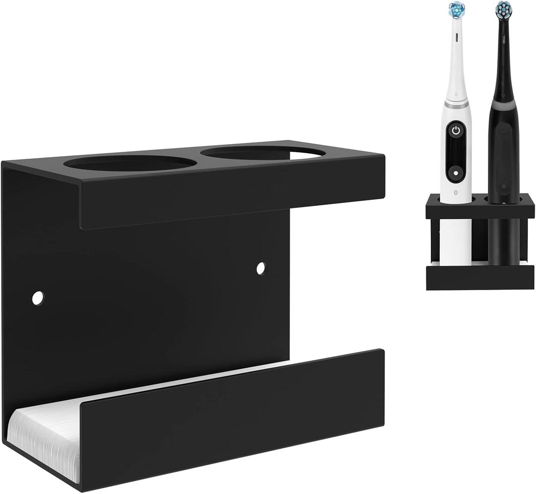 Linkidea Wall Mount Electric Toothbrush Holder for Bathroom, 2 Slots Aluminum Alloy Power Toothbrush Hanger, Self Adhesive Brush Organizer Compatible with Oral-B iO Series (Black)