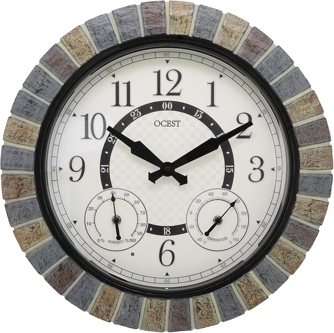 OCEST 18inch Large Indoor Outdoor Clock Illuminated Wall Clock with Thermometer Hygrometer & Night Light Waterproof Battery Operated Silent Non-Ticking Wall Clocks Decor for Patio Pool Porch Bathroom (Black Wide Pointer)