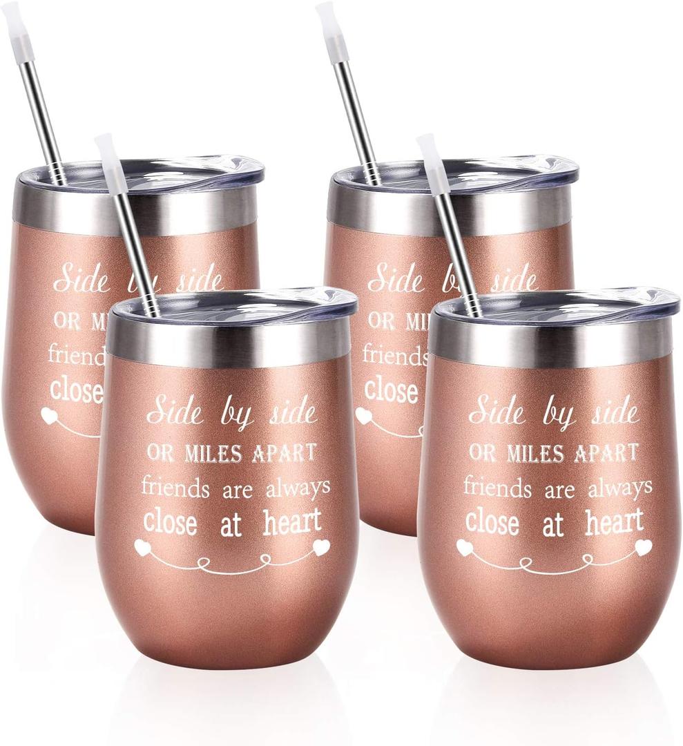 Friends Wine Tumbler Set of 4, Side By Side or Miles Apart Friends Are Always Close at Heart Wine Tumbler for Long Distance Friendship, 12 Oz Stainless Steel Insulated Wine Tumbler with Lid and Straw (1-Rose Gold 4 Pack)