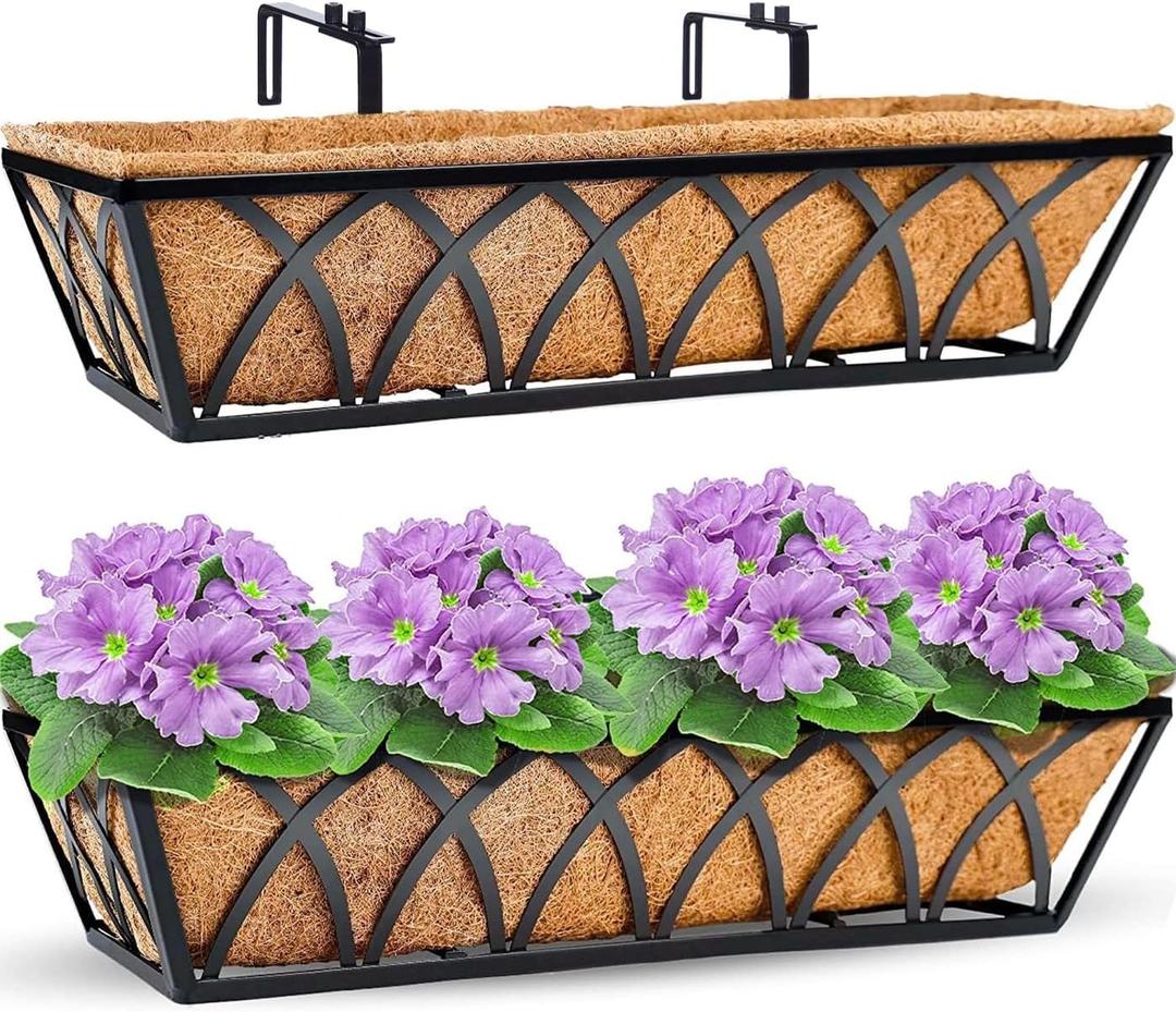 Y&M Window Boxes Horse Trough with Coconut Coir Liner, 24 Inch Window Deck with Coco Liner, Fence Metal Hanging Flower Planter Window Basket Deck Railing Planter Boxes (X - 24in 2P)