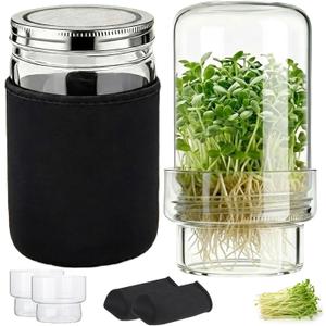 Seed Sprouting Kit 2 Wide Mouth Mason Jars with Stainless Steel Screen Lids & Drip Covers Complete Sprouter Growing Kit for Broccoli, Alfalfa, Mung Beans Home Gardening Gift for Adults & Kids