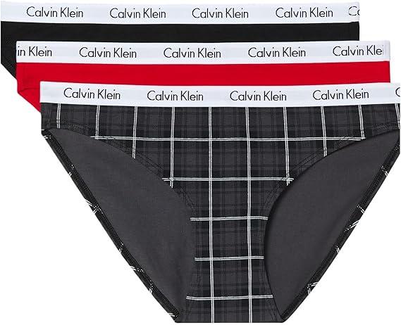 Calvin Klein Women's Carousel Logo Cotton Stretch Bikini Panties, 3 Pack, M Black/Obsess/Dunn Plaid Black
