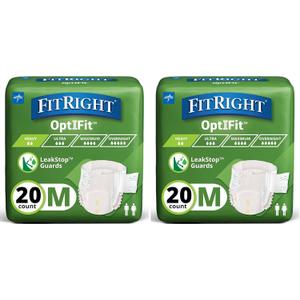 FitRight OptiFit Extra+ Adult Diapers with Leak Stop Guards, Disposable Incontinence Briefs with Tabs, Moderate Absorbency, Medium, 32"-42", 20 Count (Pack of 2)