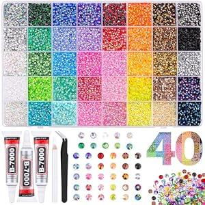 40000Pcs 40 Colors Jelly Rhinestones for Bedazzling, 3mm Multicolor Resin Flatback Gems for Diamond Art, Bedazzler Kit with 3Pcs 10ml B7000 Jewelry Glue for Bedazzle Thing Crafting Book Nail Art