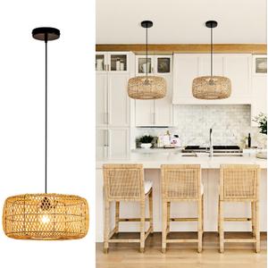 Bamboo Pendant Light, Hand-Woven Wicker Bamboo Chandelier for Dining Room Island Table, Restaurant, Living Room, Bedroom, Farmhouse, Woven Lamp 15.7" (LB-012)