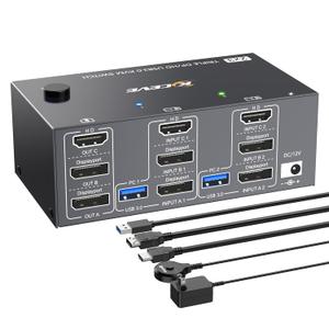 HDMI Displayport KVM Switch 3 Monitors 2 Computers 8K@60Hz 4K@144Hz,3 Monitor KVM Switch 2 Computers for 2 PC Share 3 Monitor and 4 USB3.0 Devices,Triple Monitor KVM Support Extended and Mirror Mode