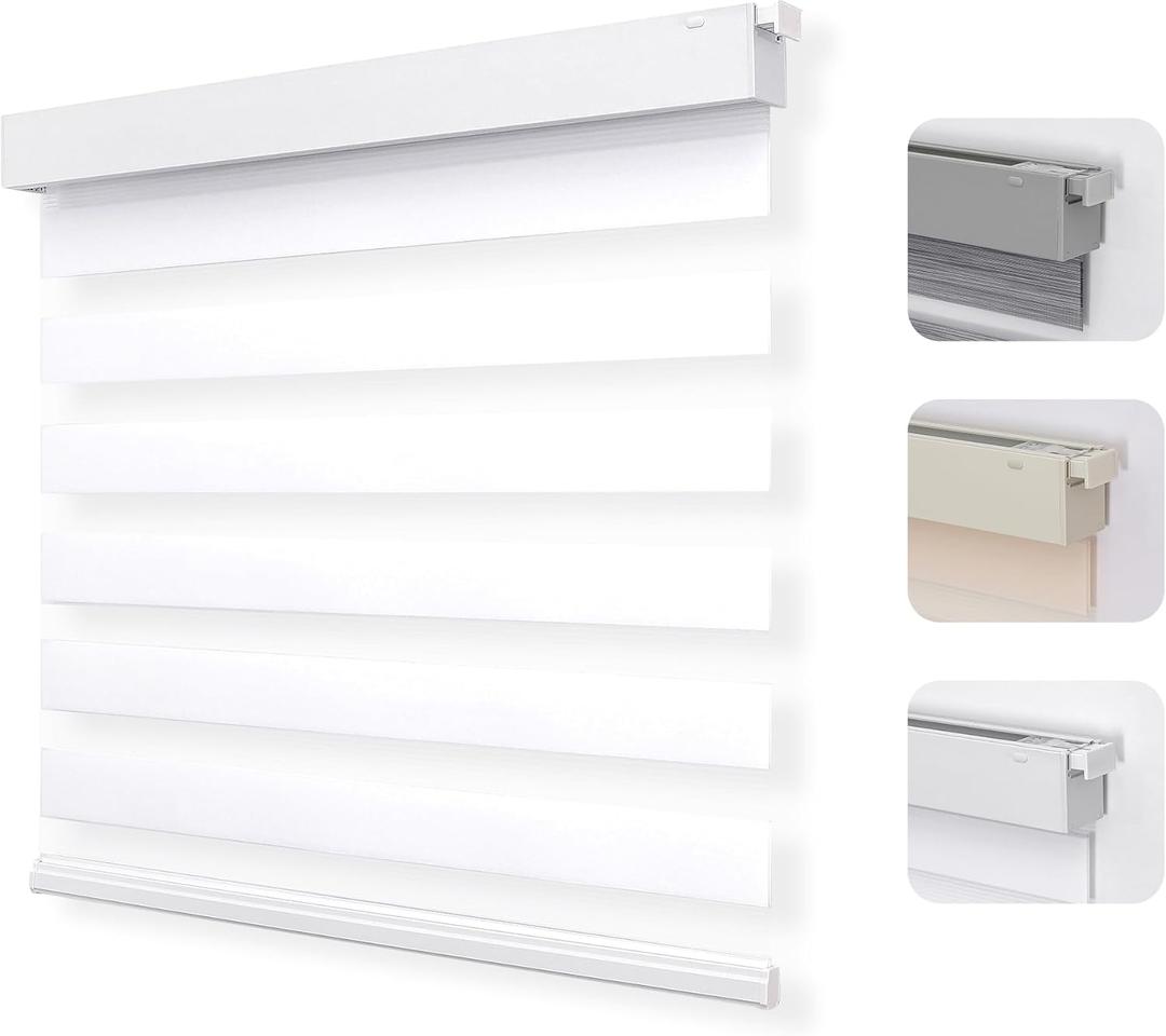 Joydeco No Drill Zebra Blinds for Windows, Cordless Dual-Layer Privacy Zebra Shades for Indoor Windows, Easy to Install, Light Filtering Sheer Blinds for Home (Off-White,46 "W x 75 "H)