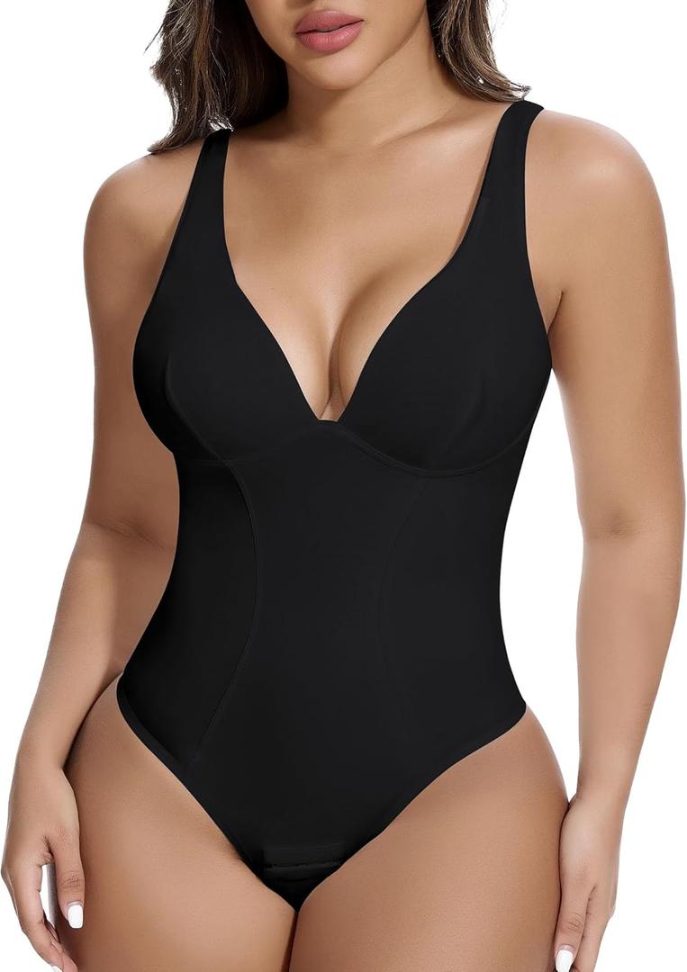 SHAPERIN Women's Deep V Neck Shapewear Bodysuit Double Lined Plunge Low Back Tummy Control Thong Backless Body Shaper (Black), XXL