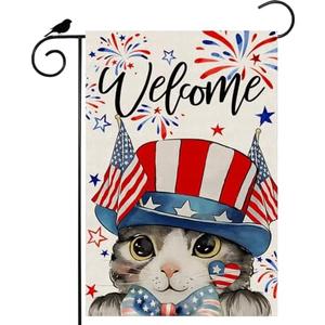 Pack Of 2 ZAEW Welcome Patriotic Cat America Fireworks 4th of July Memorial Day Independence Day Garden Flag Yard Flag 12x18 Inch Double Sided Small Mini Yard Outdoor Outside Holiday Decoration