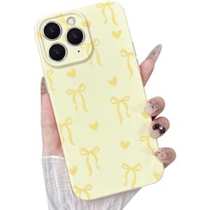 Case for iPhone 11 Pro Max, Cute Ribbon Bow Love Heart Pattern Aesthetic Gloss Phone Case, Raised Lens Edge Protection, Stylish Slim Soft TPU Protective Cover for iPhone 11 Pro Max, Yellow