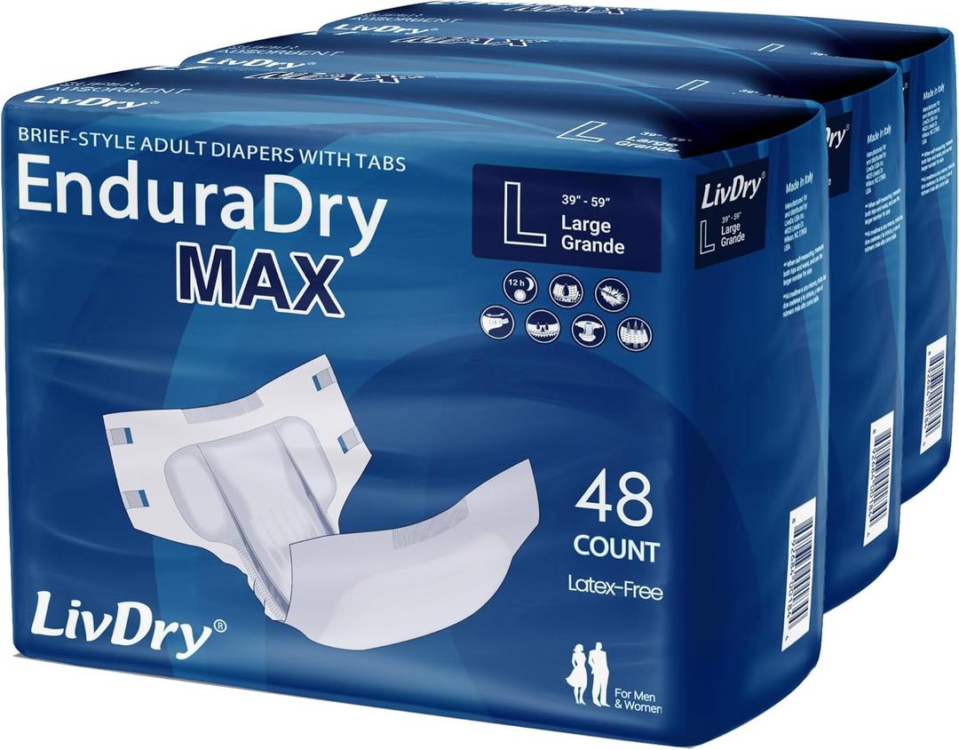 LivDry EnduraDry Max Adult Diapers with Tabs, Up to 12-Hours, Super Absorbent Incontinence Underwear, Leak Protection Briefs, Large, 48-Pack