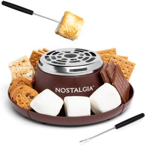 Nostalgia Tabletop Indoor Electric S'mores Maker - Smores Kit With Marshmallow Roasting Sticks and 4 Trays for Graham Crackers, Chocolate, and Marshmallows - Movie Night Supplies - Brown