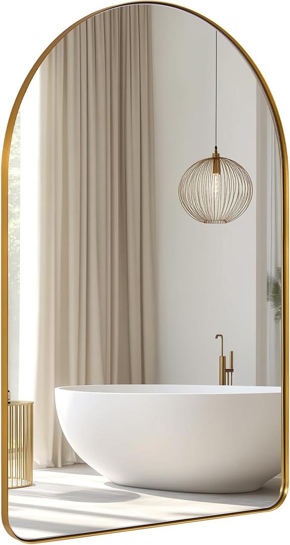 ANDY STAR Arched Mirror, 24 x 36 Inch Gold Wall Mirror in Stainless Steel Metal Frame, Arch Top Rounded Corner 1 Inch Deep Set Design Wall Mount Hangs Vertical