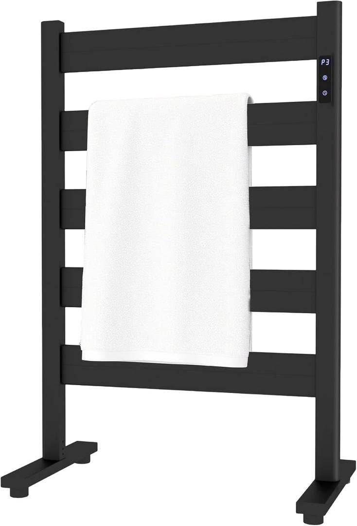 Freestanding Towel Warmer 5-Bar Heated Towel Rack with Timer & Adjustable Temperature, Automatic Shut-Off,Space Aluminum,Fast Heating in About 10 Minutes for Bathroom & Spa,Matte Black