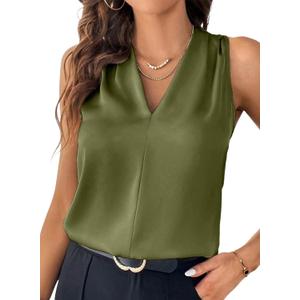 EVALESS Women's Pleated V Neck Sleeveless Tank Top, XL
