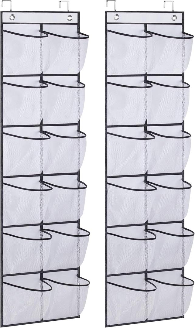 MISSLO Over The Door Shoe Organizer 12 Large Mesh Pockets Hanging Narrow Closet Door, White, 2 Pack